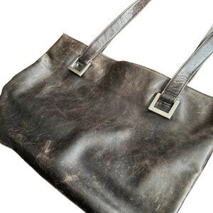 DKNY Donna Karan New York Vintage 90s Antiqued Black Leather Shoulder Tote Bag